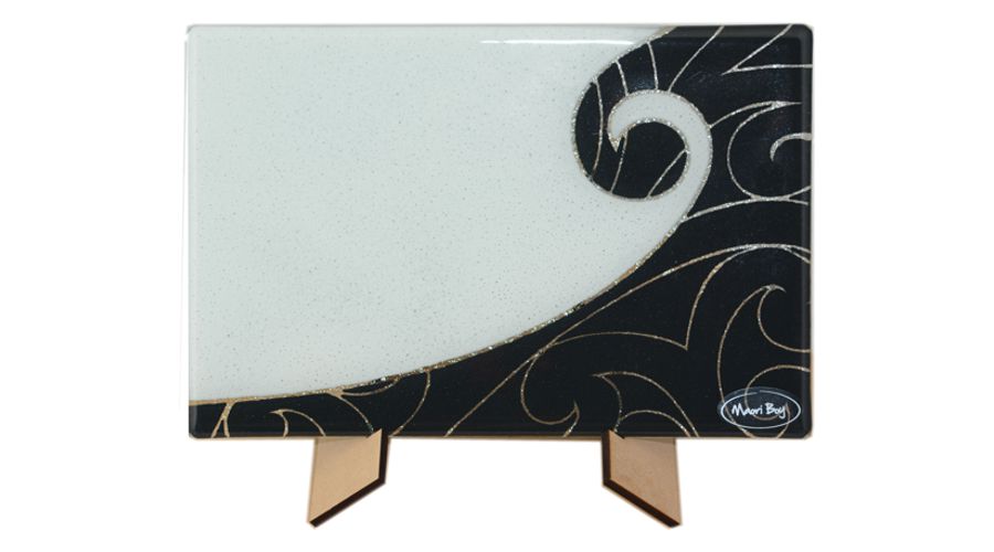 Koru Rectangular Plate Maori Boy Glass Black White